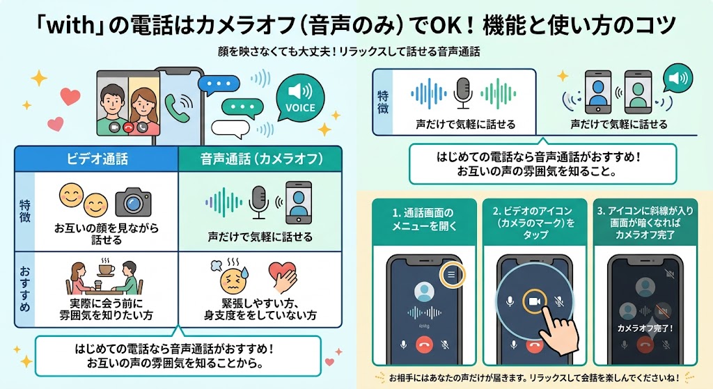 withの電話でカメラオフにする手順の解説図(AI生成イメージ)