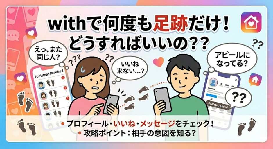 マッチングアプリ「with」で、何度も同じ異性から「足跡」だけがつき、困惑する女性を描いたアイキャッチ画像。解決策として相手の意図を知る方法を提案（AI生成イメージ）