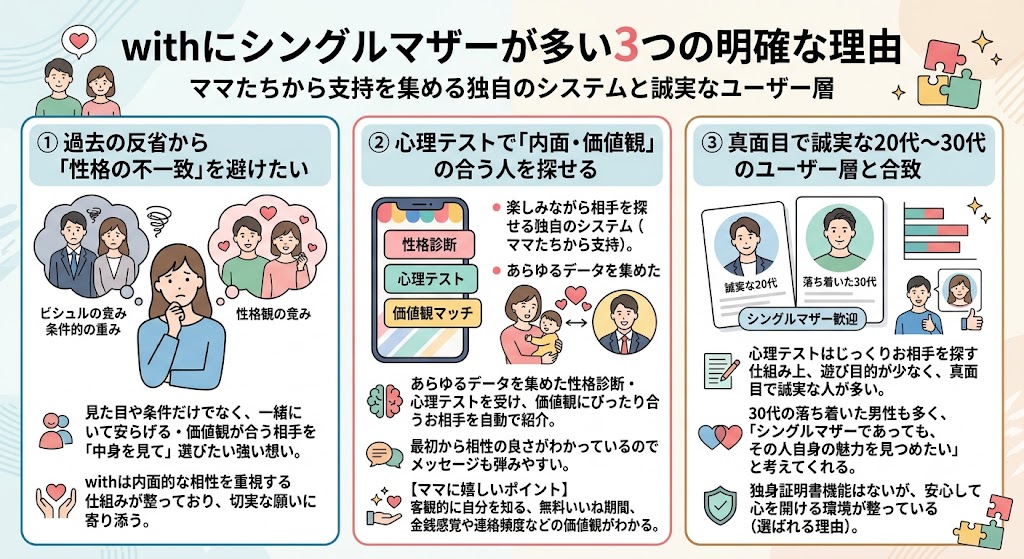 「with」にシングルマザーが多い3つの明確な理由。内面重視、心理テストマッチ、真面目なユーザー層（30代男性、シングルマザー歓迎）について解説（AI生成イメージ）