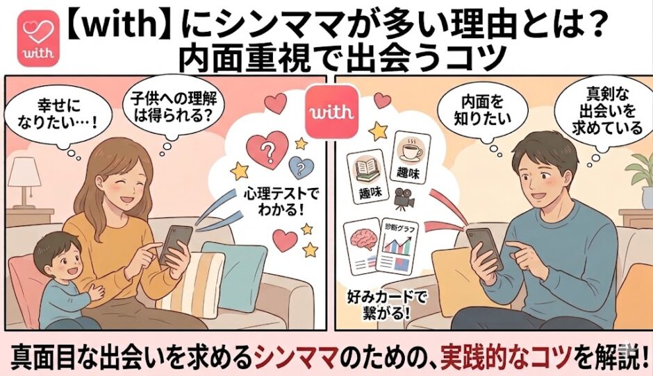マッチングアプリwith（ウィズ）にシンママが多い理由と、内面重視で出会うコツを解説したアイキャッチ画像（AI生成イメージ）