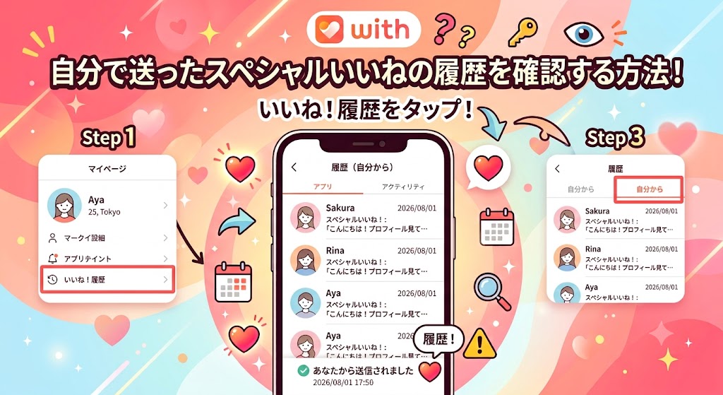 withアプリで自分で送った「スペシャルいいね！」の履歴を確認する3ステップを解説するイラスト画像（AI生成イメージ）