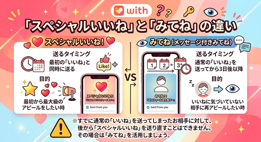 マッチングアプリ「with」の「スペシャルいいね」と「みてね」の機能を比較する可愛らしいインフォグラフィックイラスト（AI生成イメージ）