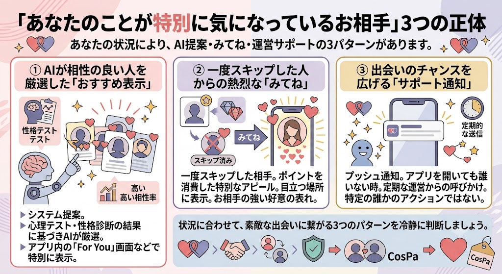 マッチングアプリ「with」の通知「特別に気になっているお相手」3つの意味（AI提案、みてね、サポート通知）の解説図（AI生成イメージ）