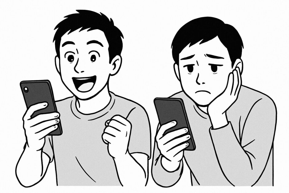スマホを見ながら喜ぶ若い男性と、落ち込んだ表情でスマホを見る若い男性の線画イラスト