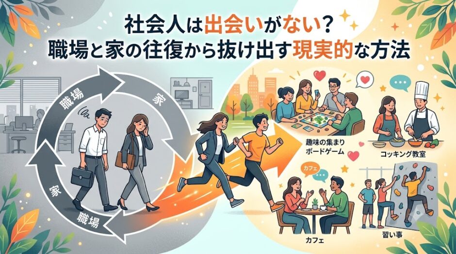 職場と家の往復から抜け出す社会人のイラスト（AI生成イメージ）