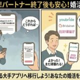 Yahoo!パートナーのサービス終了を知り不安になる男性に対し、アドバイザーがユーブライドやブライダルネットなど、運営実績のある大手婚活アプリへの移行を勧めて安心させるイラスト（AI生成イメージ）