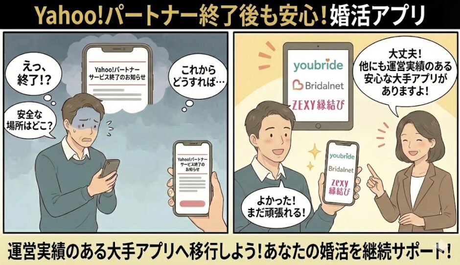 Yahoo!パートナーのサービス終了を知り不安になる男性に対し、アドバイザーがユーブライドやブライダルネットなど、運営実績のある大手婚活アプリへの移行を勧めて安心させるイラスト（AI生成イメージ）