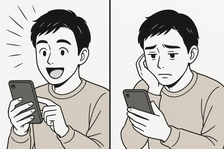 スマホのやり取りにワクワクする男性と、予定のキャンセルに落ち込む男性の線画2コマ