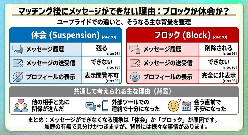 ユーブライドのマッチング後にメッセージができない理由について説明をした図解