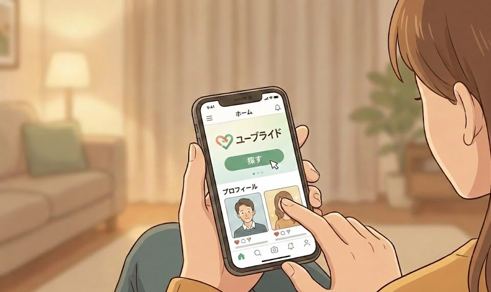 スマホで婚活アプリ「ユーブライド」のプロフィール画面を操作している手元のイラスト（AI生成イメージ）
