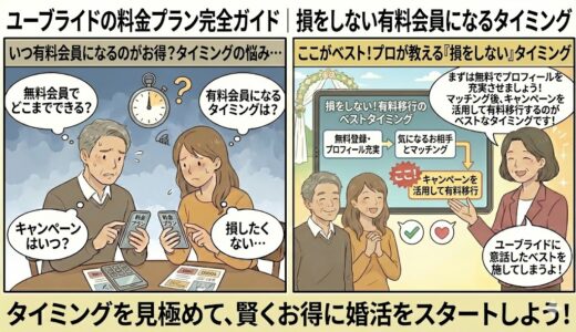 婚活アプリ「ユーブライド」の有料会員になるタイミングについて、「いつ課金するのがお得？」「キャンペーンは？」と迷う男女に対し、アドバイザーが「まずは無料でマッチングし、キャンペーンを活用して有料移行する」という『損をしないベストな手順』を図解で解説しているイラスト（AI生成イメージ）