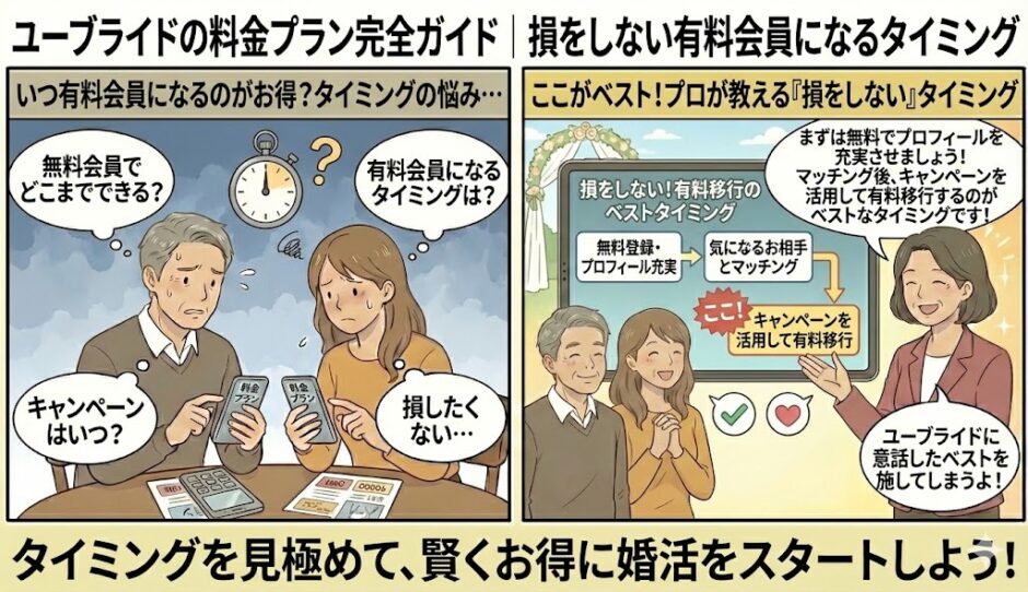 婚活アプリ「ユーブライド」の有料会員になるタイミングについて、「いつ課金するのがお得？」「キャンペーンは？」と迷う男女に対し、アドバイザーが「まずは無料でマッチングし、キャンペーンを活用して有料移行する」という『損をしないベストな手順』を図解で解説しているイラスト（AI生成イメージ）