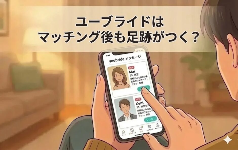 スマホでユーブライドを開き、マッチング後の足跡について調べる男性のイラスト（AI生成イメージ）
