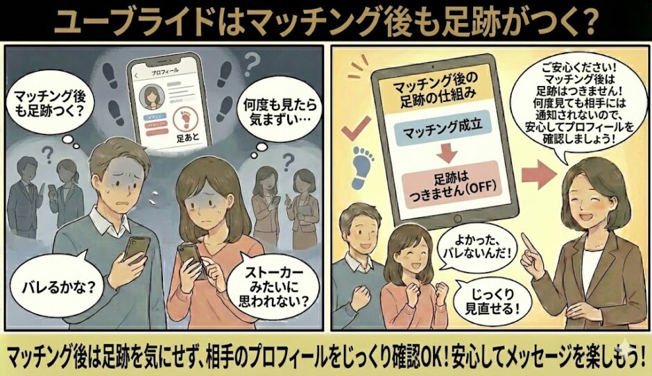 ユーブライドで「マッチング後も足跡がついたら、何度もプロフィールを見るのがバレるかも」と不安な男女が、アドバイザーから「マッチング後は足跡がつかない仕様」であることを教わり、安心して相手の情報を確認しているイラスト（AI生成イメージ）