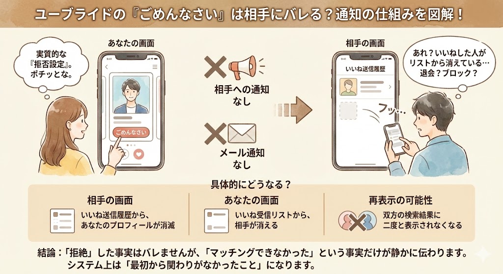 ユーブライドの「ごめんなさい」機能の仕組みを解説した図解。自分の操作が相手に通知されないことや、双方の履歴・検索結果からプロフィールが消える仕組みを、スマホ画面のイラストを使って分かりやすく紹介しています。（AI生成イメージ）