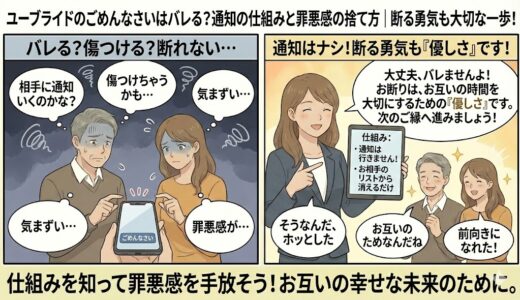 案： 婚活アプリ「ユーブライド」で「ごめんなさい（お断り）」をすることに罪悪感や気まずさを感じている男女に対し、アドバイザーが「通知はいかない仕組み」であることや「お互いの時間を大切にするための優しさ」であることを伝え、前向きな気持ちをサポートしているイラスト（AI生成イメージ）