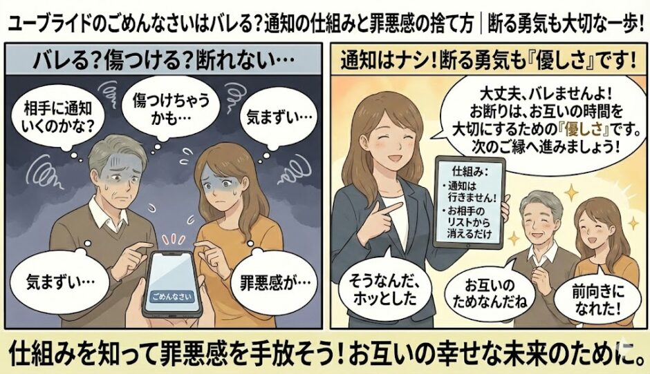 案： 婚活アプリ「ユーブライド」で「ごめんなさい（お断り）」をすることに罪悪感や気まずさを感じている男女に対し、アドバイザーが「通知はいかない仕組み」であることや「お互いの時間を大切にするための優しさ」であることを伝え、前向きな気持ちをサポートしているイラスト（AI生成イメージ）