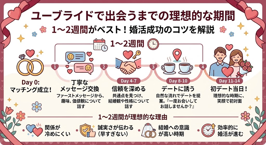 ALTテキスト:ユーブライドで会うまでの理想的な期間（1〜2週間）と期間別のメリット・デメリットを解説したインフォグラフィック（AI生成イメージ）