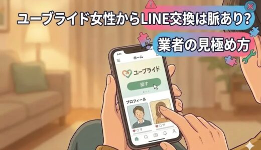 ユーブライドで女性からLINE交換を求められた際の脈ありサインと、業者の見極め方を解説するアイキャッチ画像（AI生成イメージ）