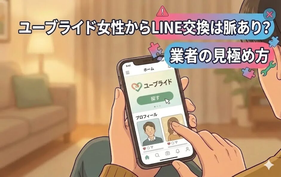 ユーブライドで女性からLINE交換を求められた際の脈ありサインと、業者の見極め方を解説するアイキャッチ画像（AI生成イメージ）