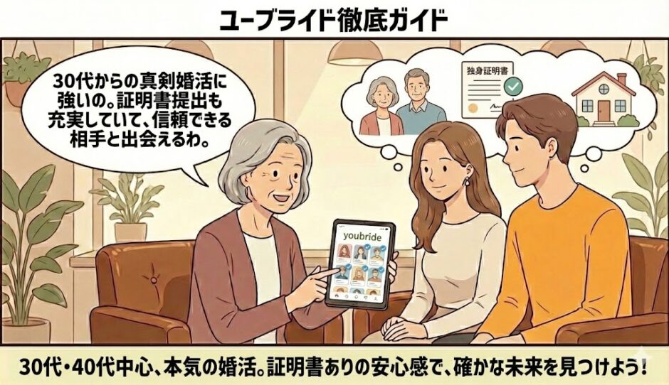 「ユーブライド徹底ガイド」という見出しと共に、独身証明書や共に歳を重ねる将来のイメージで『30代からの堅実な婚活』を強調し、相談員が男女にアプリを紹介しているイラスト【婚活特化アプリ解説】（AI生成イメージ）