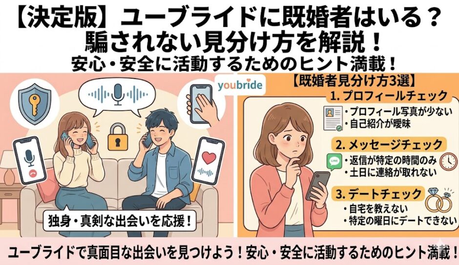 ユーブライドに潜む既婚者の見分け方3選（プロフィール・メッセージ・デート）を解説した図解（AI生成イメージ）