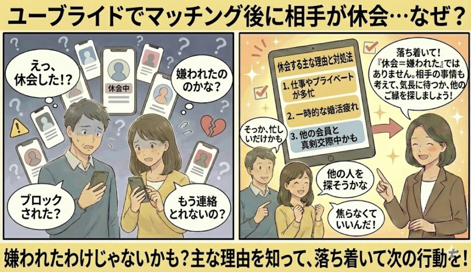 ユーブライドでマッチングした直後に相手が休会してしまい、「ブロックされた？」「嫌われたのかな？」と落ち込む男女に対し、アドバイザーが「多忙」や「一時的な婚活疲れ」などの理由を解説し、気にせず次へ進むよう励ましているイラスト（AI生成イメージ）