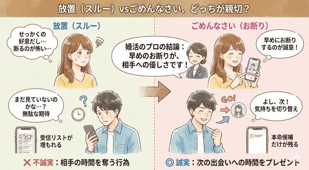 ユーブライドなどの婚活アプリで、興味のない相手を「放置（スルー）」する場合と、早めに「ごめんなさい（お断り）」する場合の比較図解。放置は相手に無駄な期待と時間を浪費させる不誠実な対応である一方、お断りは相手に次の出会いへ進む機会を与える誠実な対応であることを、男女のイラスト対比で解説しています。（AI生成イメージ）