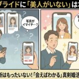 ユーブライドに美人がいないという噂に悩む男性が、アドバイザーから「真剣な人は加工が控えめなだけ」という話を聞いて、写真だけで判断せず会ってみることの大切さに気づくイラスト（AI生成イメージ）
