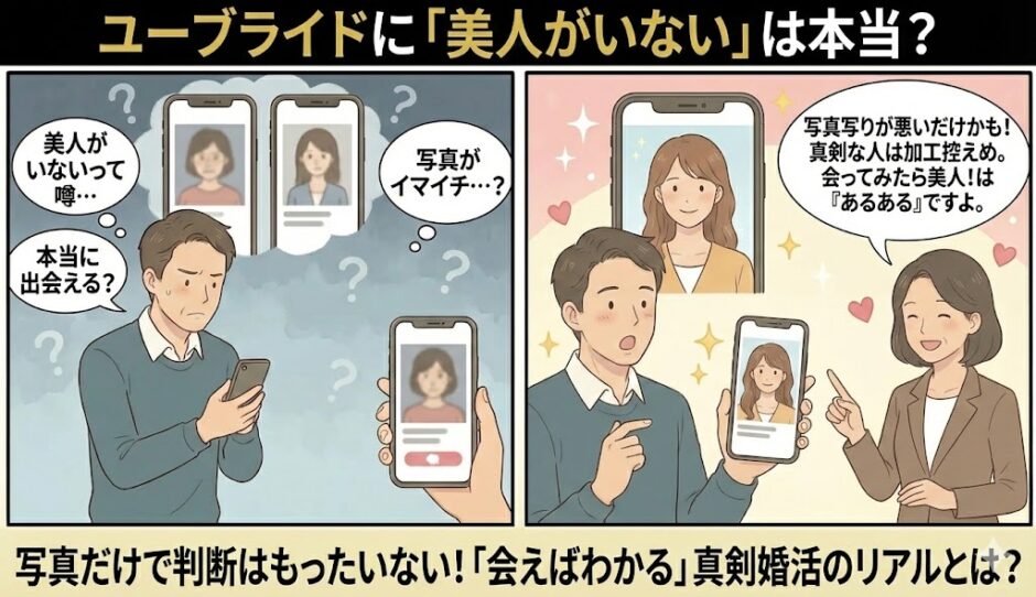 ユーブライドに美人がいないという噂に悩む男性が、アドバイザーから「真剣な人は加工が控えめなだけ」という話を聞いて、写真だけで判断せず会ってみることの大切さに気づくイラスト（AI生成イメージ）