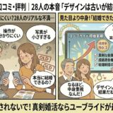 婚活アプリ「ユーブライド」の口コミにある「デザインが古い」「操作が分かりにくい」という不満に対し、アドバイザーが「デザインはレトロだが、その分真剣な会員しか残らないため成婚率が高い」という逆転のメリットを解説し、見た目より結果（結婚）重視であることを伝えているイラスト（AI生成イメージ）