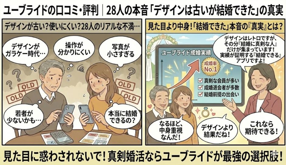 婚活アプリ「ユーブライド」の口コミにある「デザインが古い」「操作が分かりにくい」という不満に対し、アドバイザーが「デザインはレトロだが、その分真剣な会員しか残らないため成婚率が高い」という逆転のメリットを解説し、見た目より結果（結婚）重視であることを伝えているイラスト（AI生成イメージ）