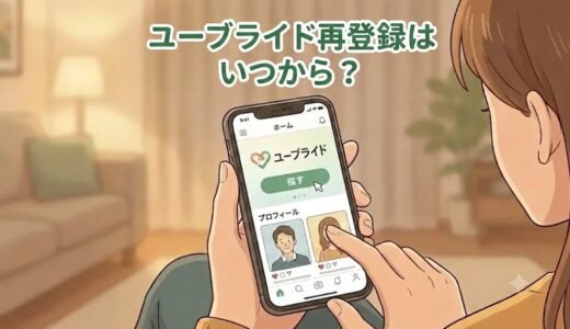 ユーブライド（Youbride）再登録はいつから？（Youbrideアプリ操作画面と女性のイラスト）（AI生成イメージ）