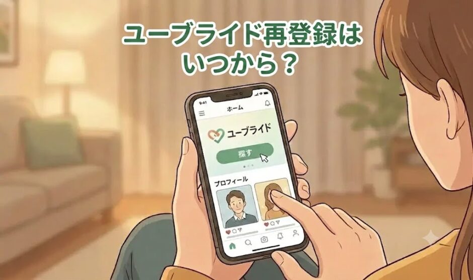 ユーブライド（Youbride）再登録はいつから？（Youbrideアプリ操作画面と女性のイラスト）（AI生成イメージ）
