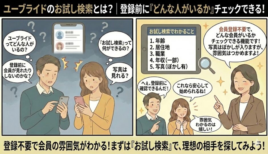 婚活サービス「ユーブライド」の会員登録前に利用できる「お試し検索」機能について、男女のユーザーが「どんな人がいるの？」と疑問を持つ様子と、アドバイザーが年齢や居住地、写真の雰囲気などがチェック可能であることを図解で解説しているイラスト（AI生成イメージ）